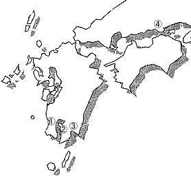 鹿児島県内の各遺跡と岡山県船元貝塚の位置図