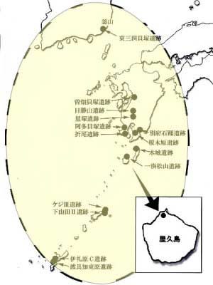 曽畑式土器が出土した主な遺跡と想定される曽畑式土器文化圏